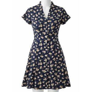VNTG Inspired LA City Paris Navy Floral Short Sleeve Button Down Dress- 40(S/M)